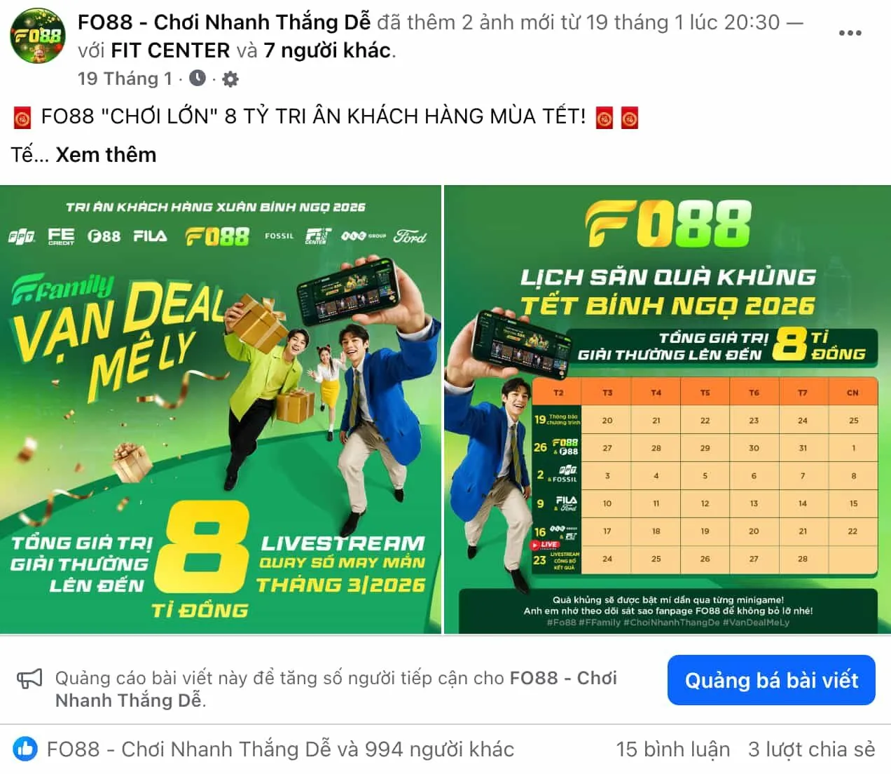 Hình ảnh thông báo hợp tác giữa FO88 và các thương hiệu F được đăng tải trên fanpage chính thức. Nguồn: Fanpage FO88 - Chơi Nhanh Thắng Dễ Link bài viết: https://www.facebook.com/share/p/1D63w89PkW/