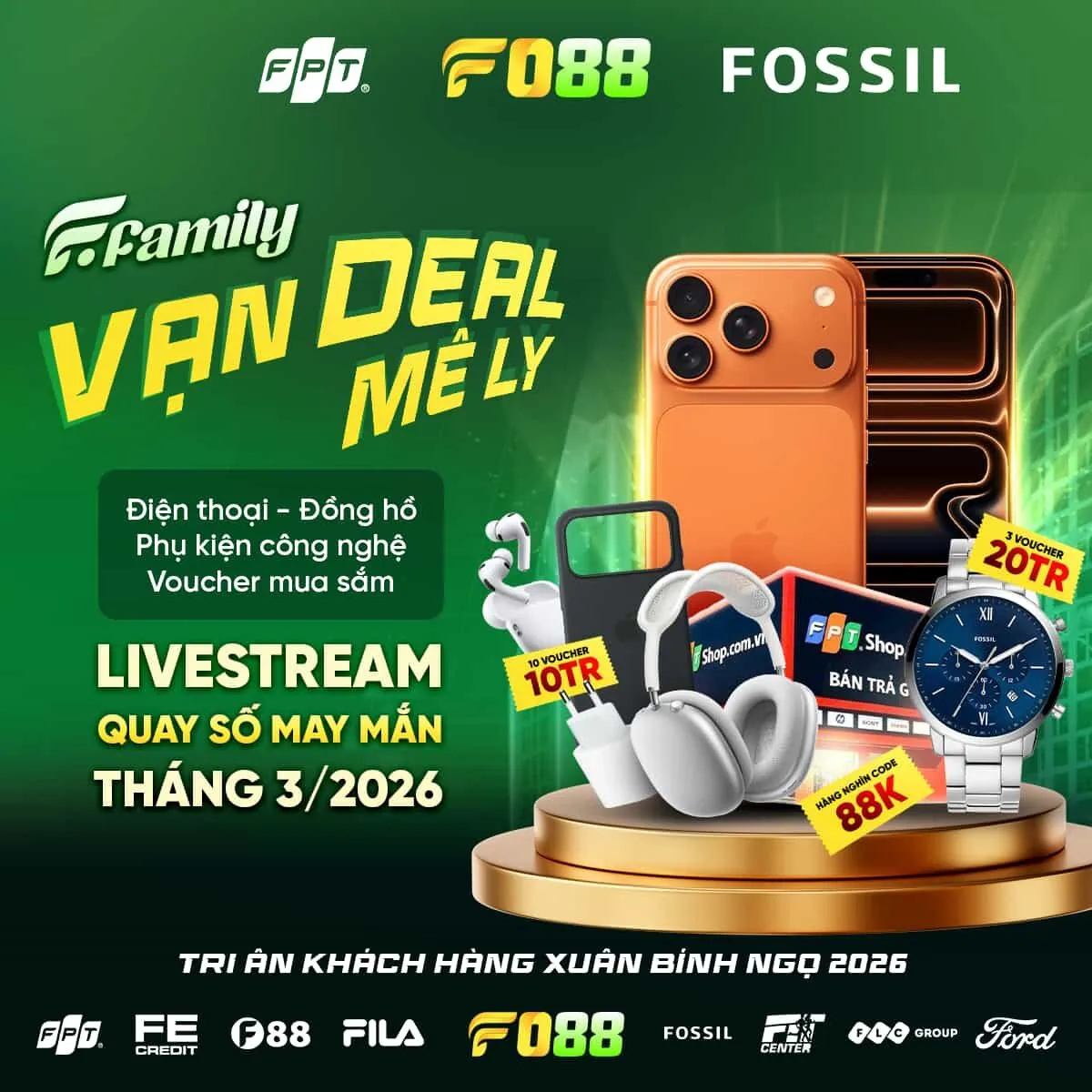 Hình ảnh giải thưởng iPhone 17 Pro Max 1TB trị giá 60 triệu đồng và loạt các voucher quà tặng khác từ FPT Shop & Fossil trong chương trình "F Family - Vạn Deal Mê Ly" được đăng tải trên trang Facebook chính thức của FO88. Nguồn: FO88 - Chơi Nhanh Thắng Dễ Link bài: https://www.facebook.com/share/p/1Dim1fNDMR/